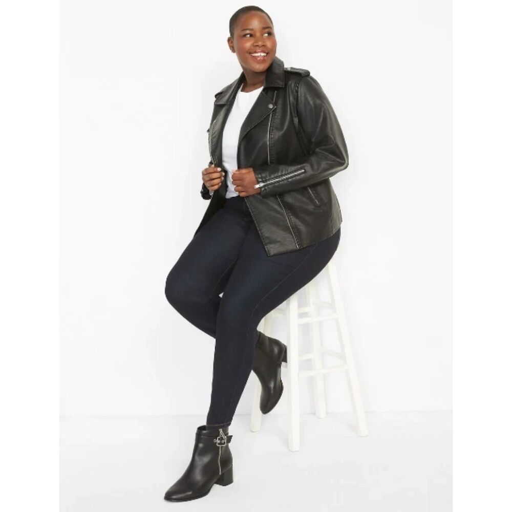 NWT Lane Bryant Women's 18/20 Faux Leather Moto Jacket Zip Front Black Long Slv